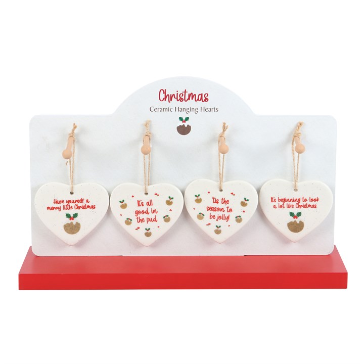 Set of 24 Christmas Pudding Ceramic Hearts on Display