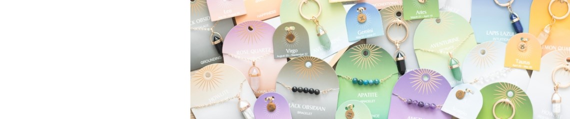 Customisable crystal jewellery accessories including natural stone necklaces, bracelets, keyrings and zodiac charms. Perfect for creating personalised gifts. Great for fashion and spiritual retailers. No minimum order, worldwide shipping.