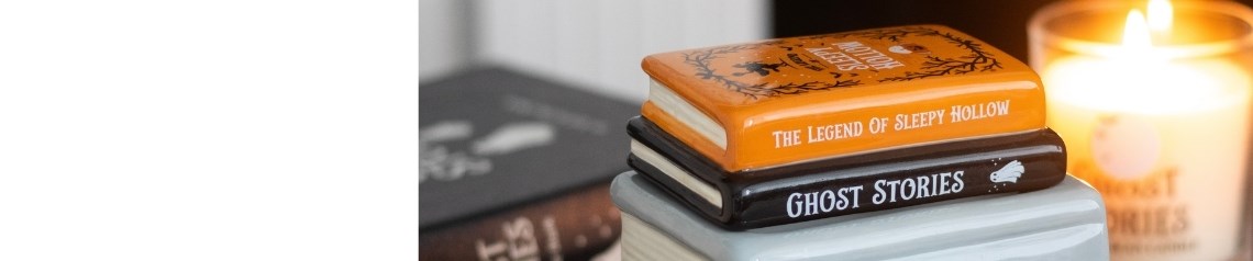 The Haunted Library wholesale Halloween gift range with bookish decor, ghostly details and gothic black, grey and orange designs, featuring literary gifts and spooky homeware for dark autumn displays, bookshops and alternative retailers. No minimum order and worldwide shipping.