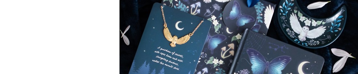 Night Flight wholesale gift range featuring mystical owl, moth and moonlit forest designs on notebooks, candles, mugs, oil burners, eye masks, water bottles, incense and wall art. This dark, enchanting collection is inspired by midnight skies and nature's magic. Ideal for winter gifting, year-round spiritual ranges and retailers seeking celestial or woodland-themed products.