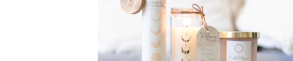 Moon-themed wholesale gifts and manifestation candles in calming, celestial styles. A perfect match for boho home decor, spiritual retailers and wellbeing spaces.