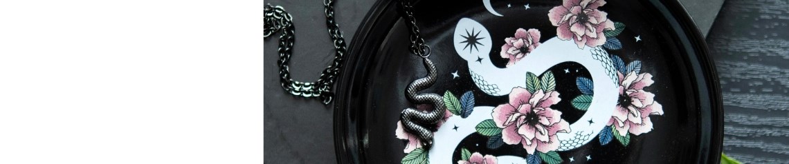 Gothic and boho gifts with serpent and floral motifs. Striking blend of feminine and dark aesthetics for niche customers. No minimum order, ideal for boutique retail.