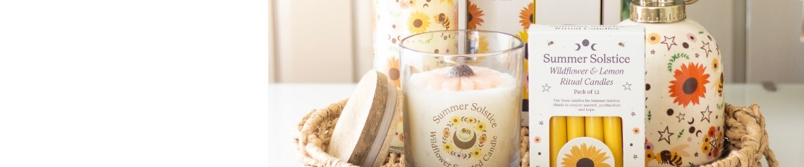 Bee Radiant wholesale gift range inspired by the summer solstice, featuring sunflowers, bees, moons and mystical symbols on incense, candles, ritual kits, tote bags, jewellery and prints. A spiritually themed collection ideal for metaphysical retailers, wellness boutiques and gift shops looking for seasonal summer stock with midsummer and nature-based appeal.