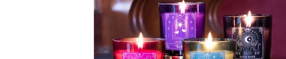 Wholesale tarot-themed gifts and decor. Includes tarot candles, altar cloths, tableware and bags for tarot cards.