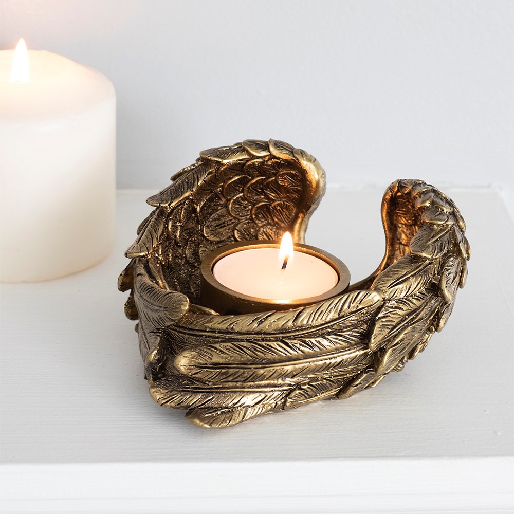 Antique Gold Angel Wings Tealight Candle Holder