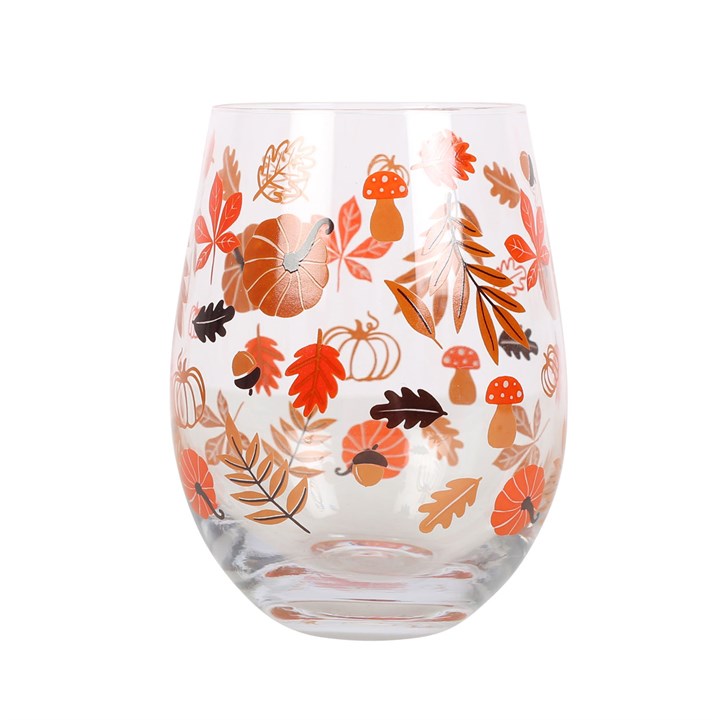 Autumn Leaves and Pumpkins Stemless Glass
