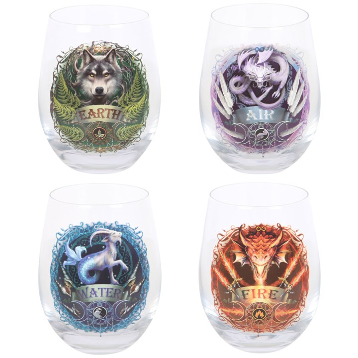 Set of 4 Elemental Stemless Wine Glasses by Anne Stokes