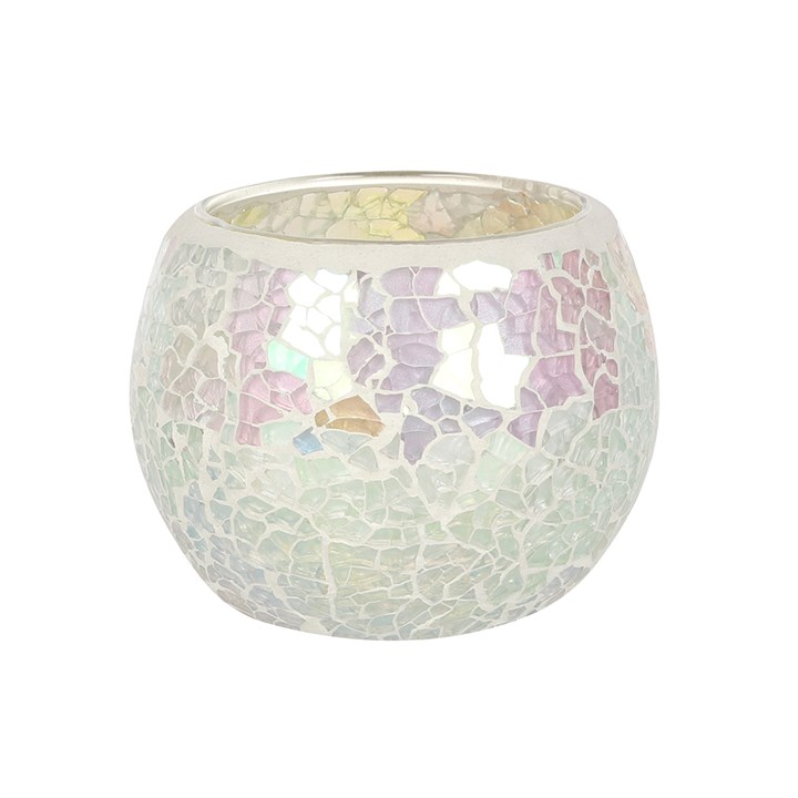 Small White Iridescent Crackle Candle Holder