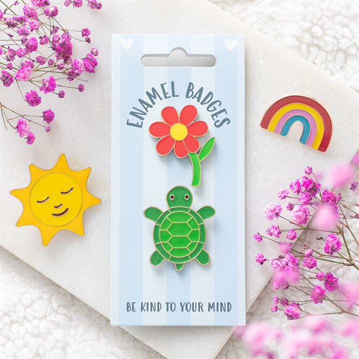 Set of 2 Turtle and Flower Pin Badges