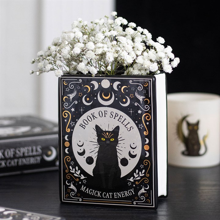Black Cat Magick Book Shaped Flower Vase