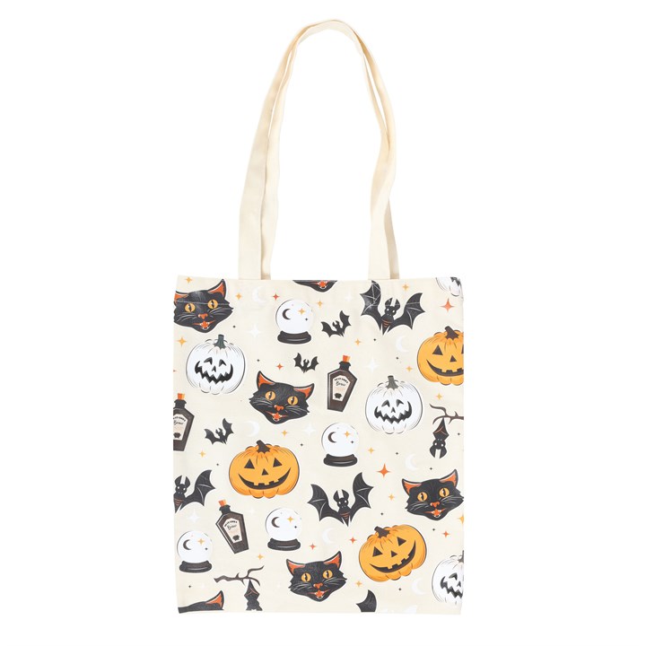 Spooky Cat and Pumpkin Print Polycotton Tote Bag