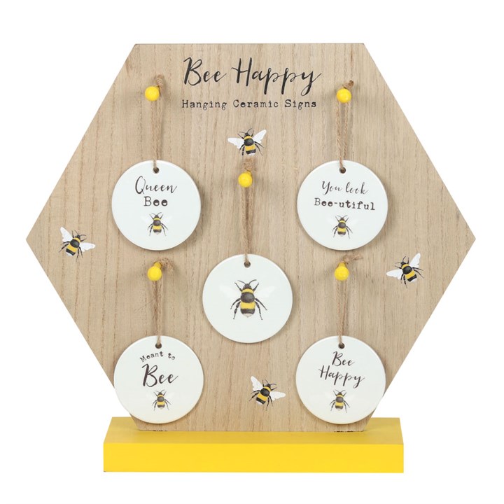 Set of 30 Bee Happy Ceramic Hanging Signs on Display