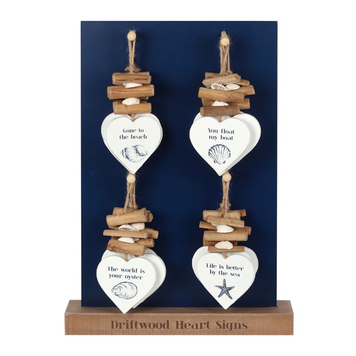 Set of 20 Coastal Driftwood Heart Signs on Display