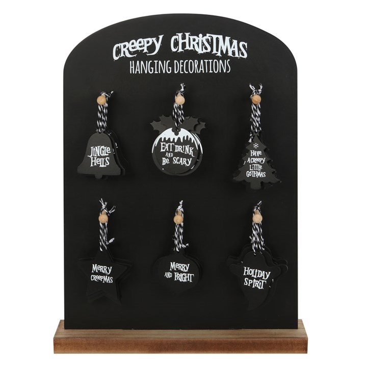 Set of 36 Creepy Christmas Hanging Signs on Display