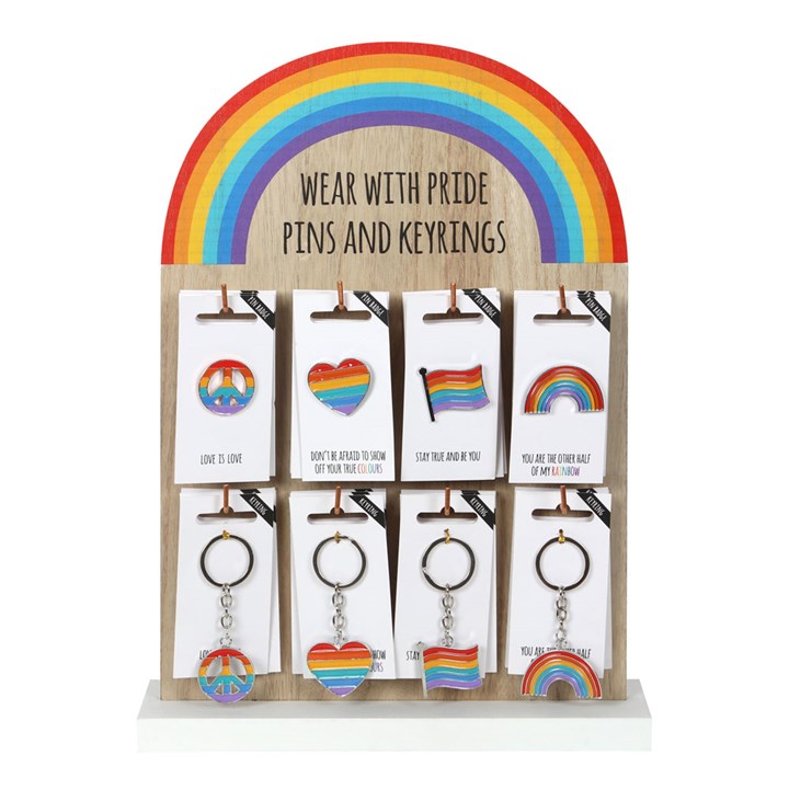 Set of 32 Pride Rainbow Pins and Keyrings on Display
