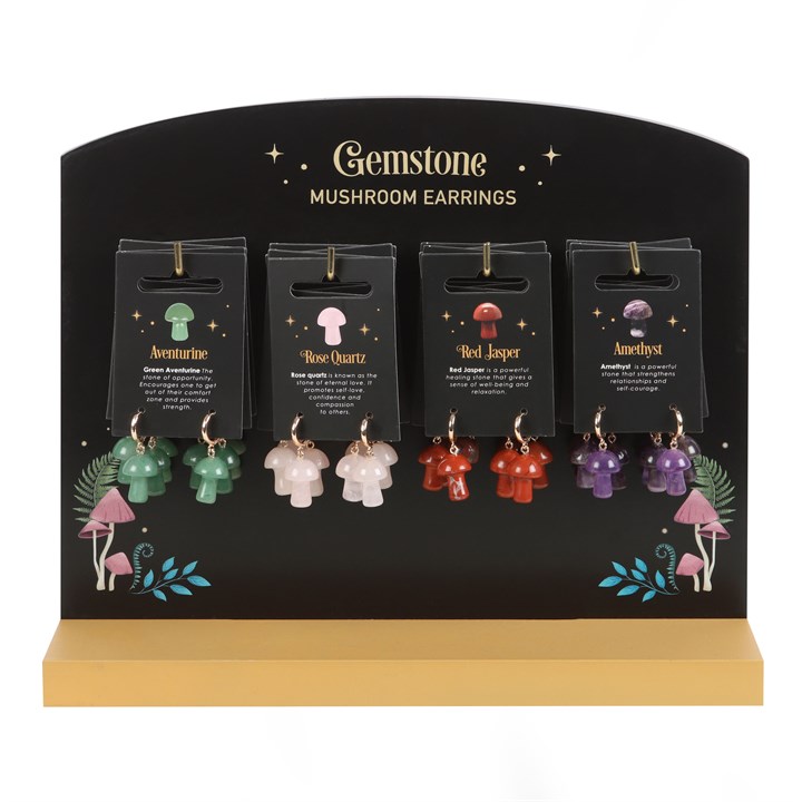 Set of 16 Gemstone Mushroom Earrings on Display