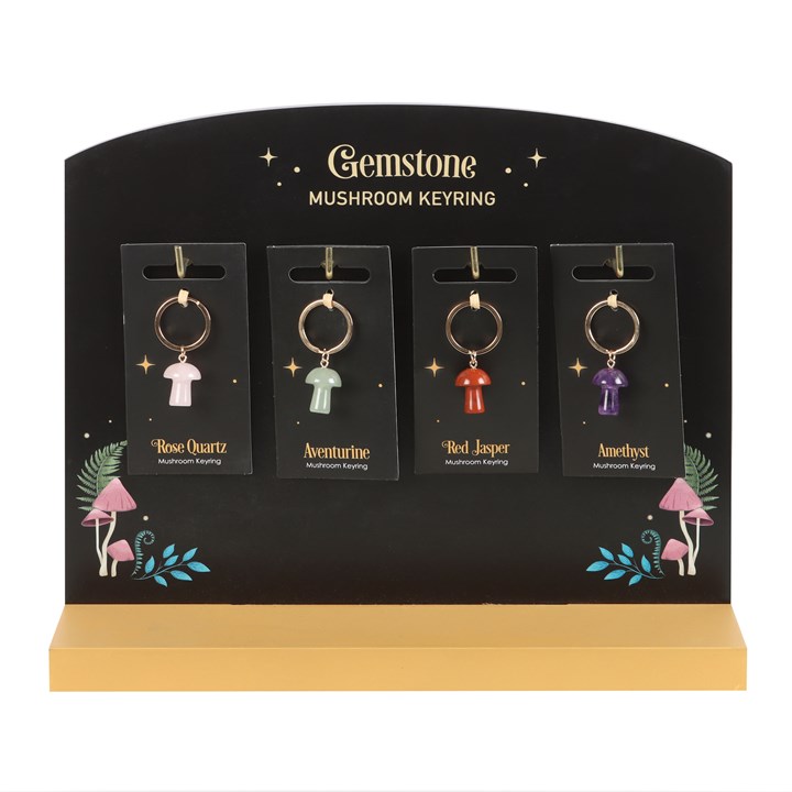 Set of 24 Gemstone Mushroom Keyrings on Display