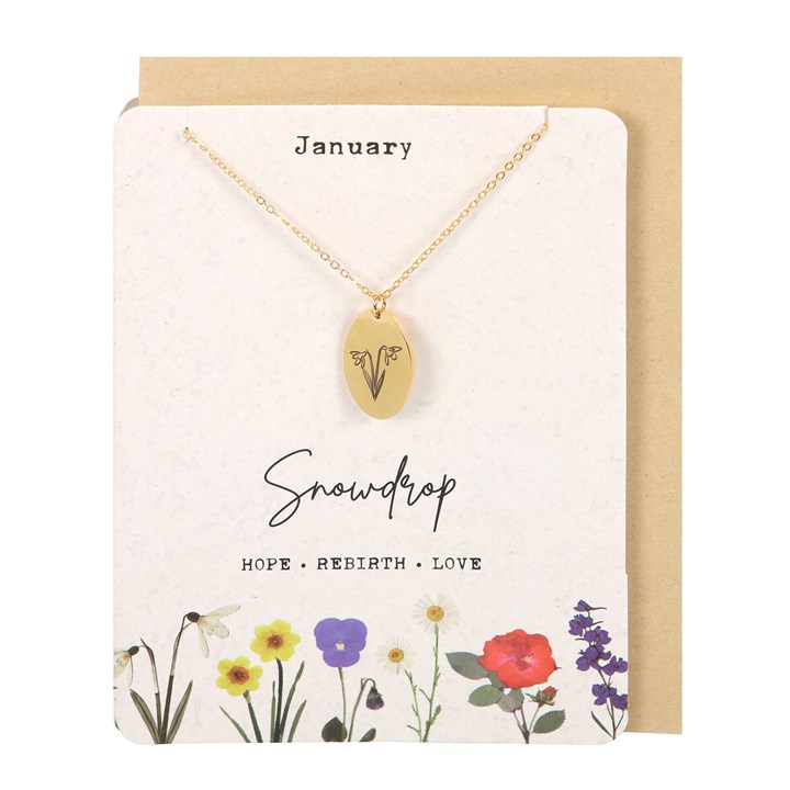January Snowdrop Birth Flower Necklace Card