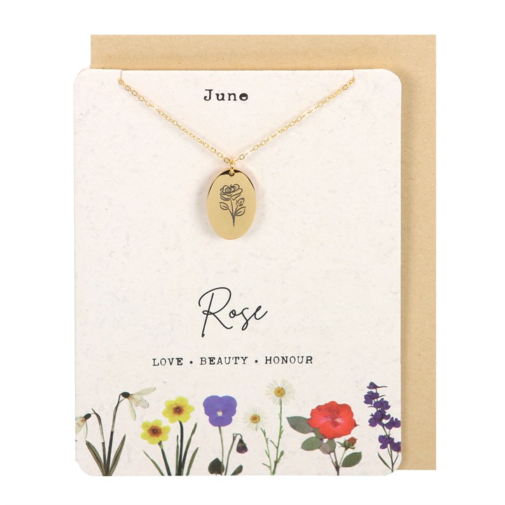 June Rose Birth Flower Necklace Card