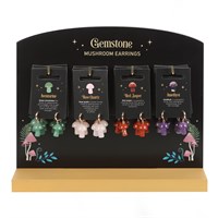 Set of 16 Gemstone Mushroom Earrings on Display