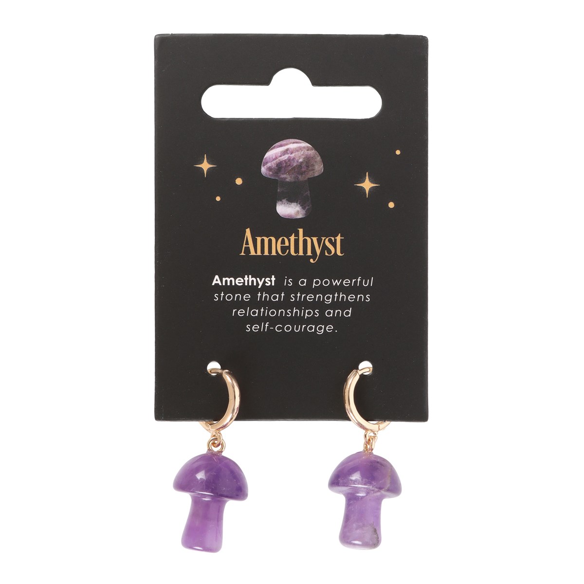 Amethyst Mushroom Earrings - Crystal Healing Gold Hoops